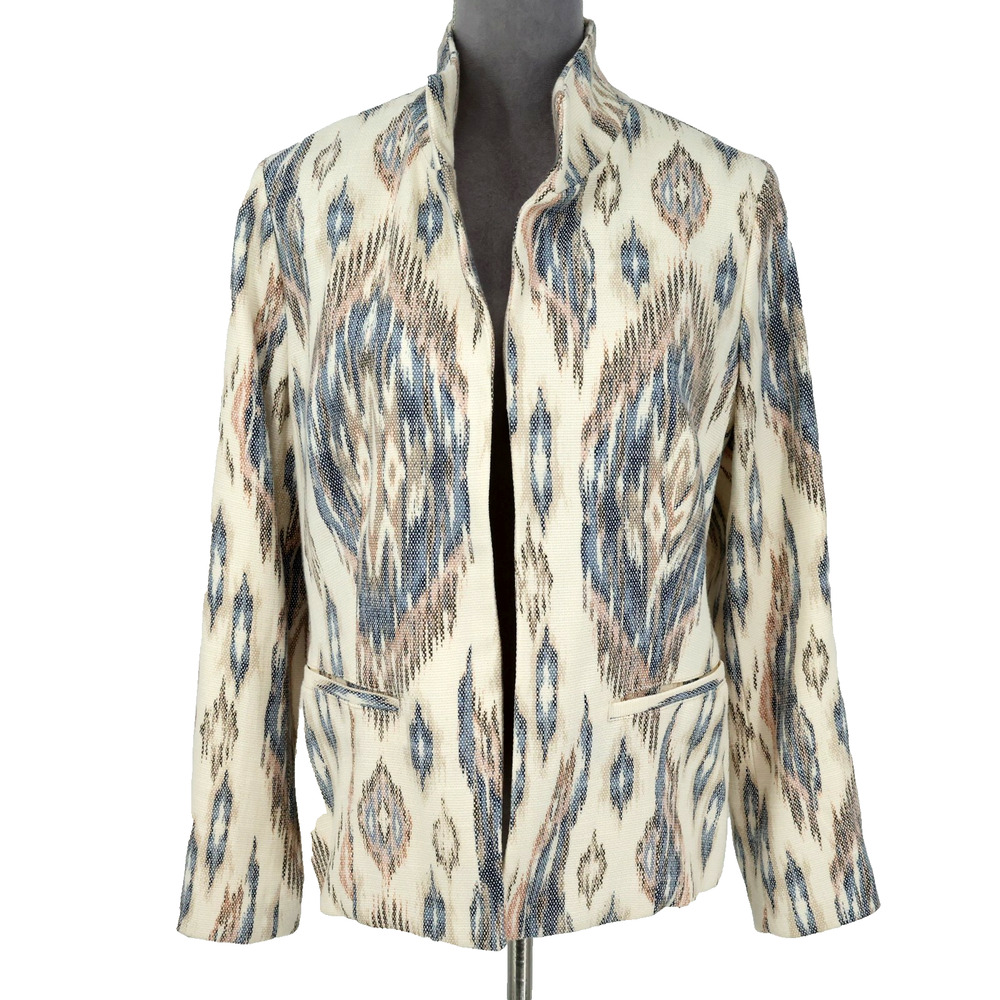 Chicos Jacket 1 Womens 8 Medium Ivory Blue Ikat Cotton Tweed Lined Blazer